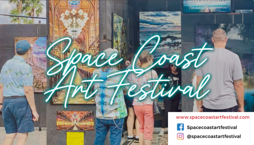 Visitors viewing colorful art displays at the Space Coast Art Festival, with festival branding and social media links featured.