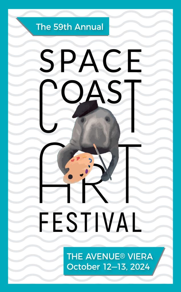 The cover of the 2024 Space Coast Art Festival Program Guide featuring colorful abstract artwork with bold text that reads "59th Space Coast Art Festival" and the event dates "November 9-10, 2024" at The Avenue Viera.